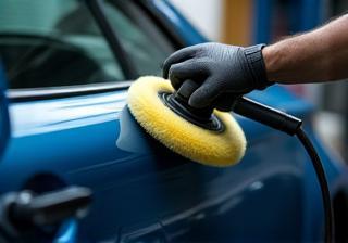 ポリッシャーで車体を磨いている様子