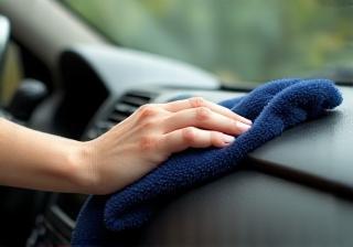 車の内装を丁寧にクリーニングしている様子