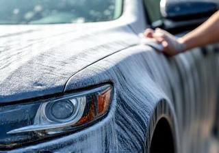 泡に包まれた車を洗車している様子